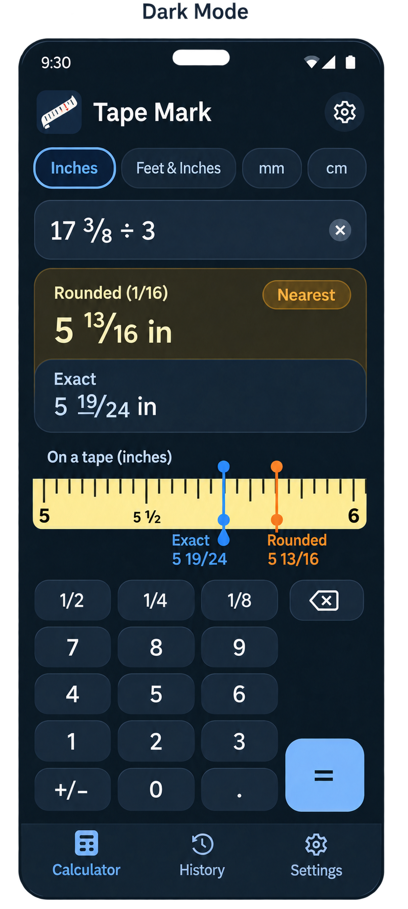 Dark calculator design preview with a yellow visual tape